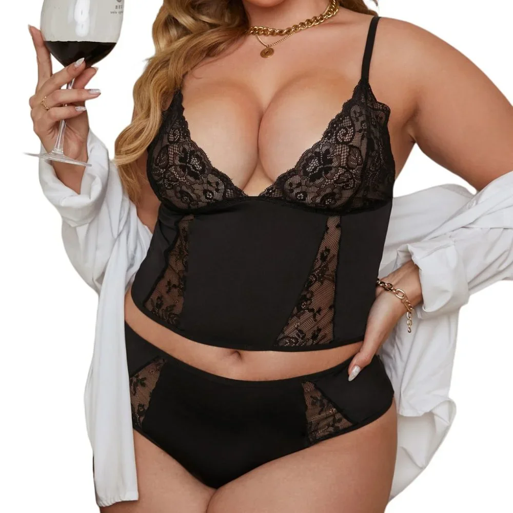 Plus Size Lace Patchwork Cami and Panty Lingerie Set - Picture 7 of 7